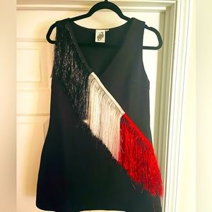 NWOT Queen of Sparkles Black, Red, & White Fringe dress